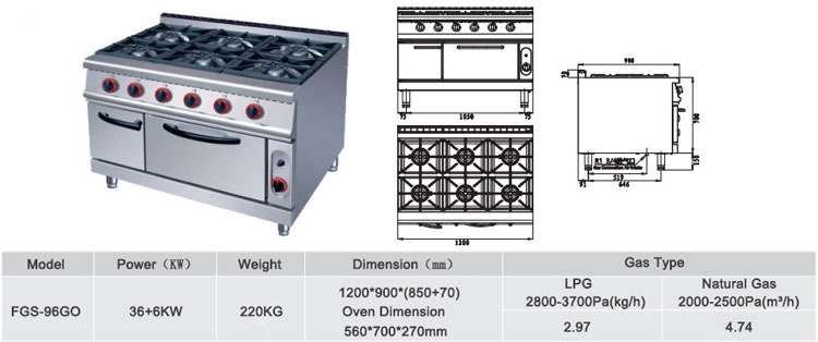 Commercial 6 Burners Gas Oven Range Stove 220KG Capacity and Voltage V LPG2800PA