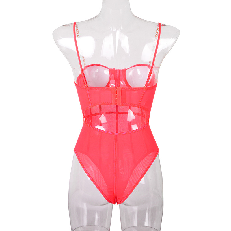 S-L Women Sexy Bodysuit Lingerie Metal Chain Sling Halter Mature Sexy Lace Bodysuit