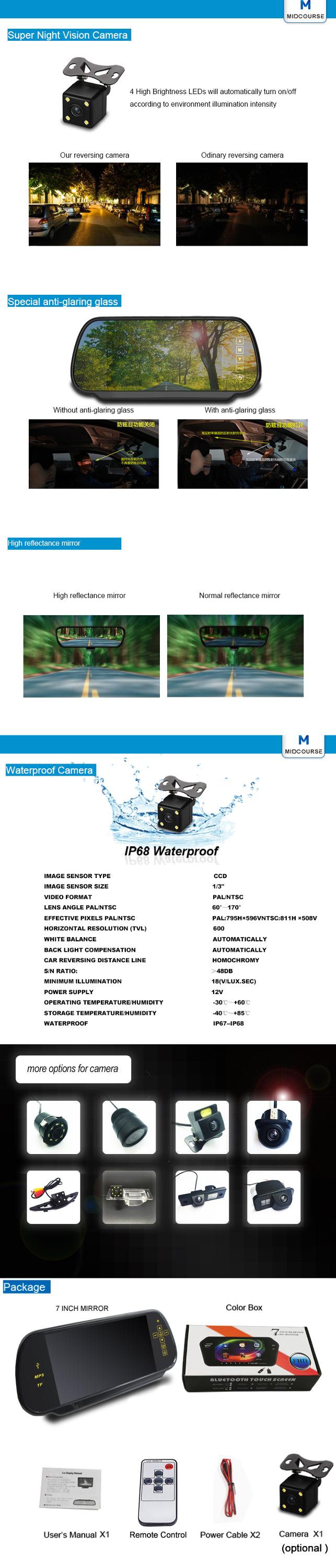 Anti-glaring Glass rear view mirror with 7 inch display/ reversing camera