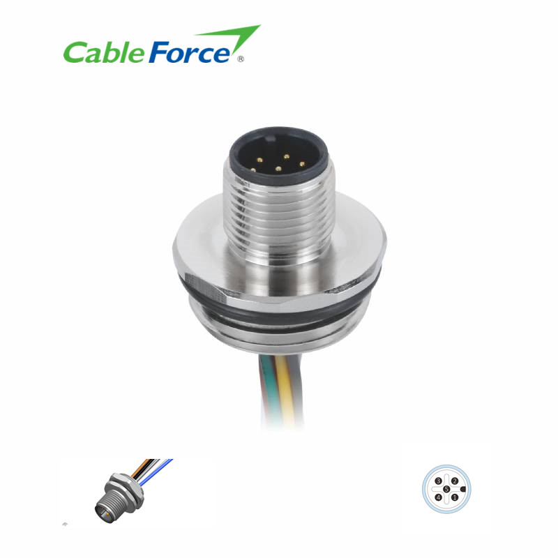 5 Pin Male Panel M12 A Code Connector Chassis Side Thread With Single Wires