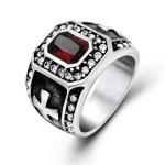 Vintage Inlay Mens Gothic Stainless Steel Band Ring with RED Cubic Zircon