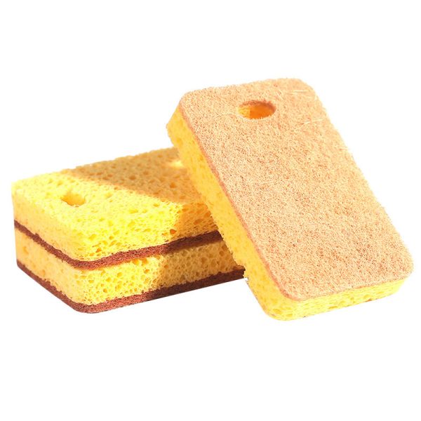 Double-sided sisal cellulose sponge scouring pad showing both textured and smooth sides