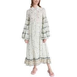 Ladies Viscose Tiered Maxi Floral Print Long Balloon Sleeve Collared Neck Shirt