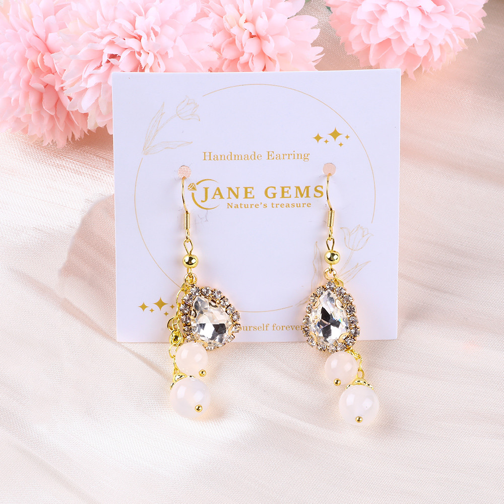 10MM 8MM Natural Crystal White Agate With Sparkling ​Teardrop Charm Dangle Bead Earring