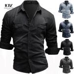 Men's Woven Denim Dress Shirts European Size Long Sleeve High Collar Cotton
