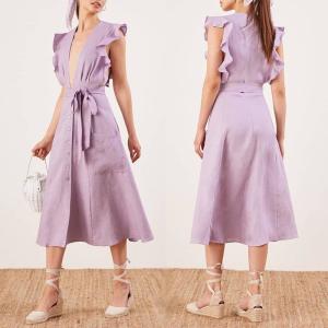 Wholesale Clothing Fashion Women Ruffle Shoulder Midi Linen Dress Ladies from china suppliers