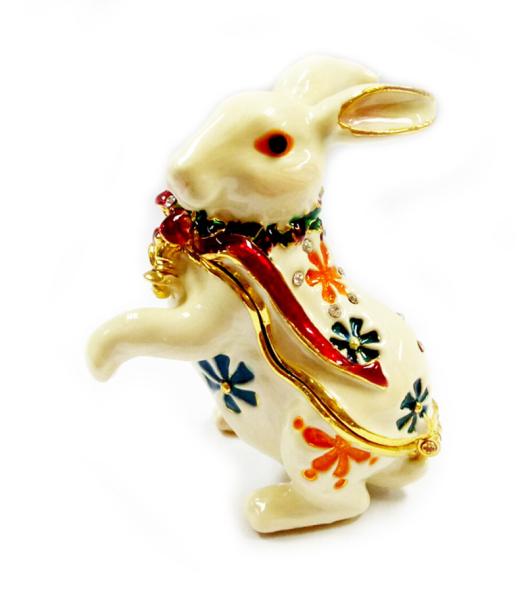 Rabbit Bejeweled Trinket Box Necklace Ring Holder Rabbit Figurine Hinged Rabbit