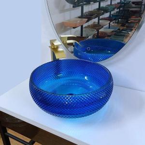 Wholesale Italian Design Blue Glass Sink Bowl 16.5 Inch Round Glass Above Counter Basin from china suppliers