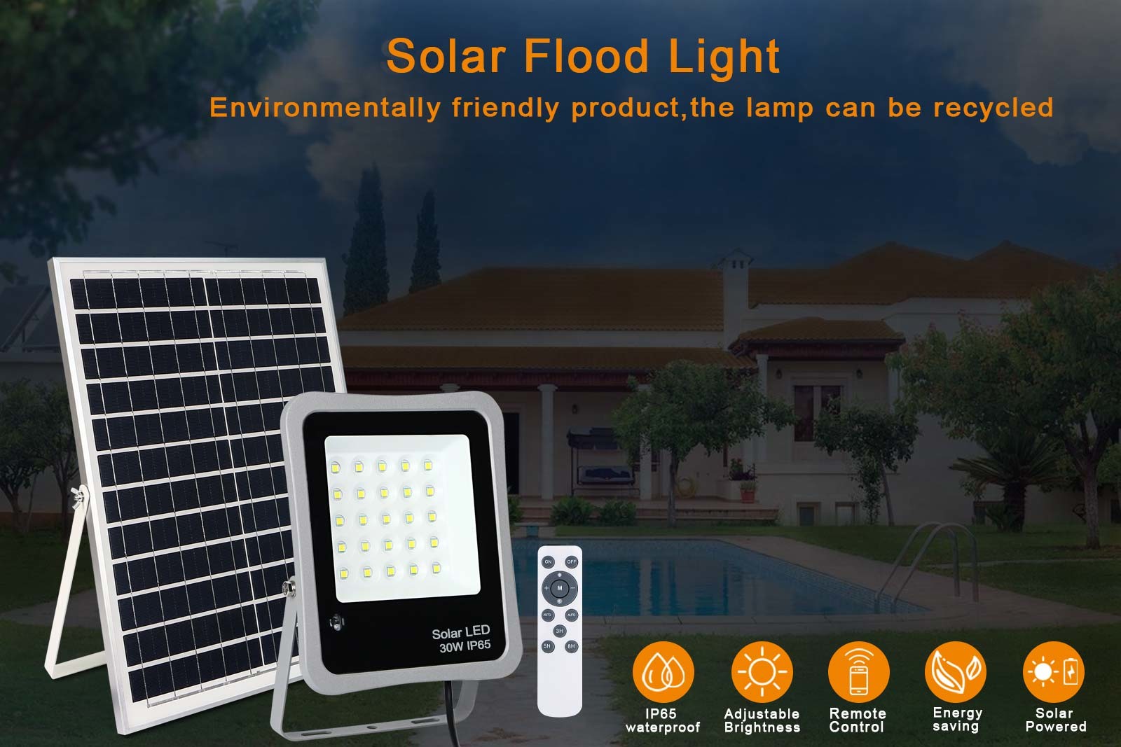 High Power Led Chip Outdoor Solar Flood Light 50W Aluminum For Garden