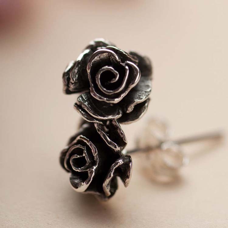Women Sterling 925 Silver Rose Design Black Rhodium Plated Stud Earrings (034970)