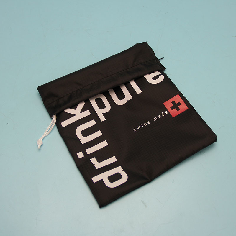 Black polyester or nylon drawstring bags with customized logo printing