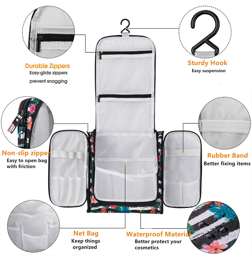 Hawaiian Flower 17 Compartments Non Slip Zipper Hanging Toiletry Bag
