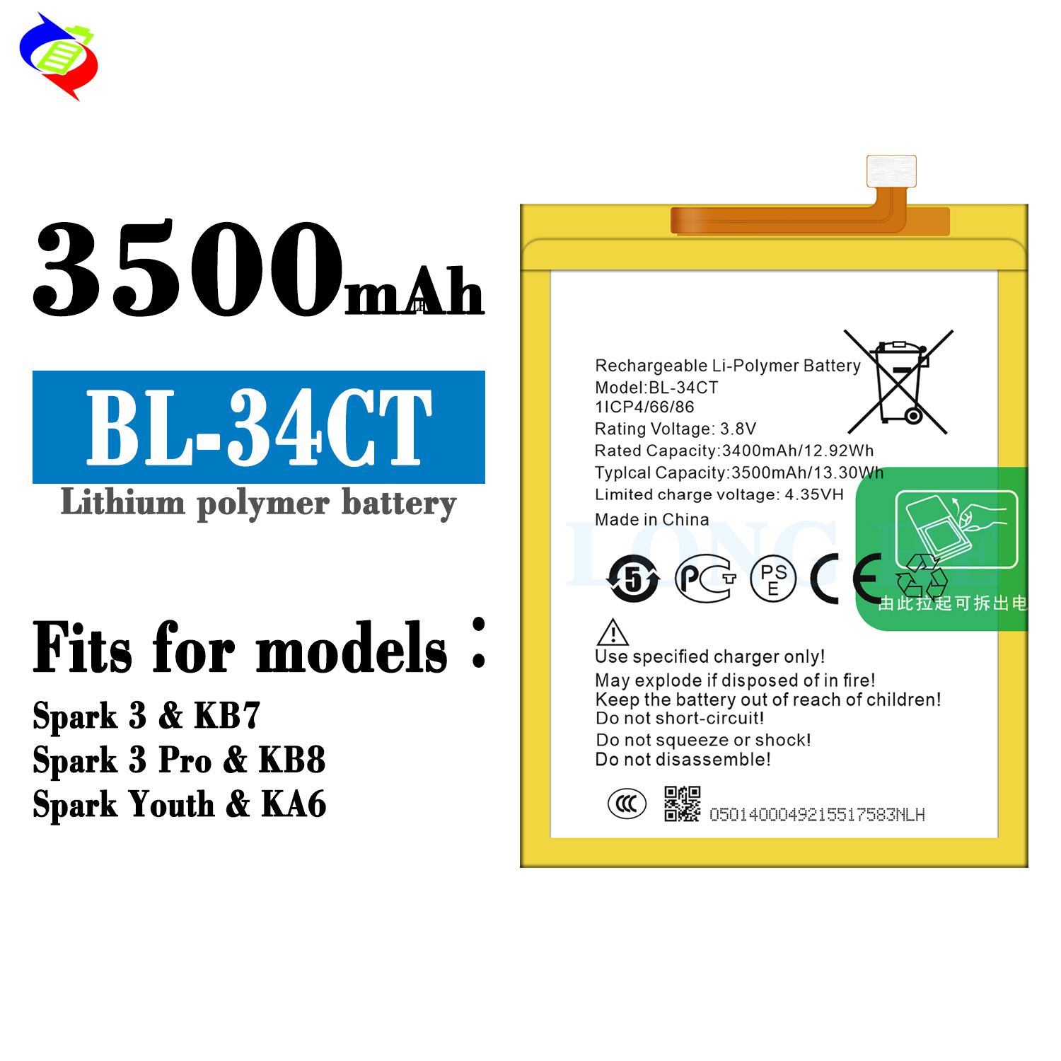 3500mAh KB8 BL-34CT Mobile Phone Battery for Tecno Spark 3 Pro Rechargeable Batteries