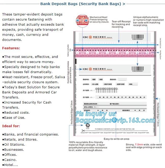 security deposit bags bank deposit bags cash deposit bags, general bank plastic deposit bags supply, Coin and Bank Note