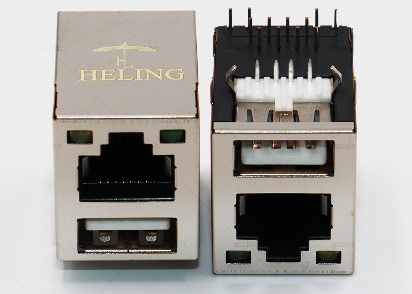Right Angle 8P8C RJ45 Female Connector 10 / 100 Base - T Magnetic With G / Y LED Pipes