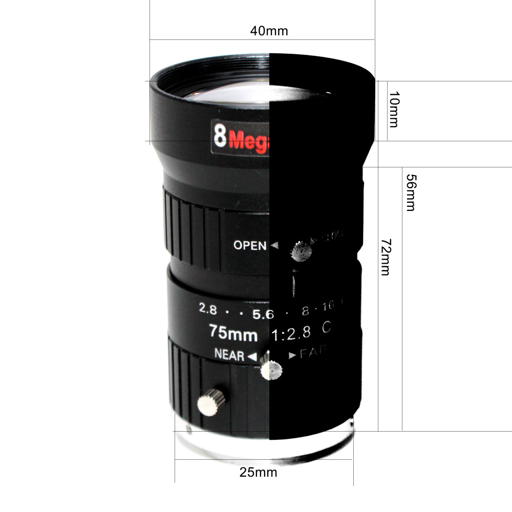 8Mega Pixel HD 75mm CCTV C Mount Lens Manual Iris Manual Focus F1.8 Aperture 1" Image Format Industrial Security Camera