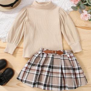 Wholesale Children'S Outfit Sets Girls Plaid Skirt Suit Mid-High Collar Pullover Skirt Suit from china suppliers