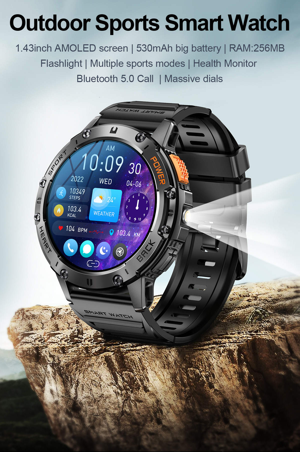 K65 Outdoor Sport Smart Watch With 1.43inch Amoled Screen Flashlight For Android IOS