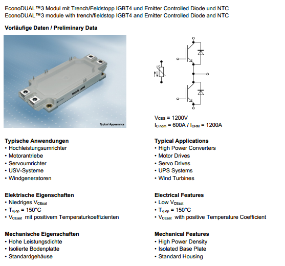 Compact Dual IGBT In Power Electronics For Emitter Controlled Diode NTC FF600R12ME4