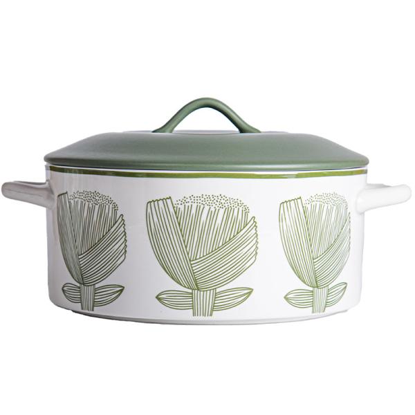 Sustainable Floral Green Ceramic Pan Soup Bowl Set with Glass Cover and Pot