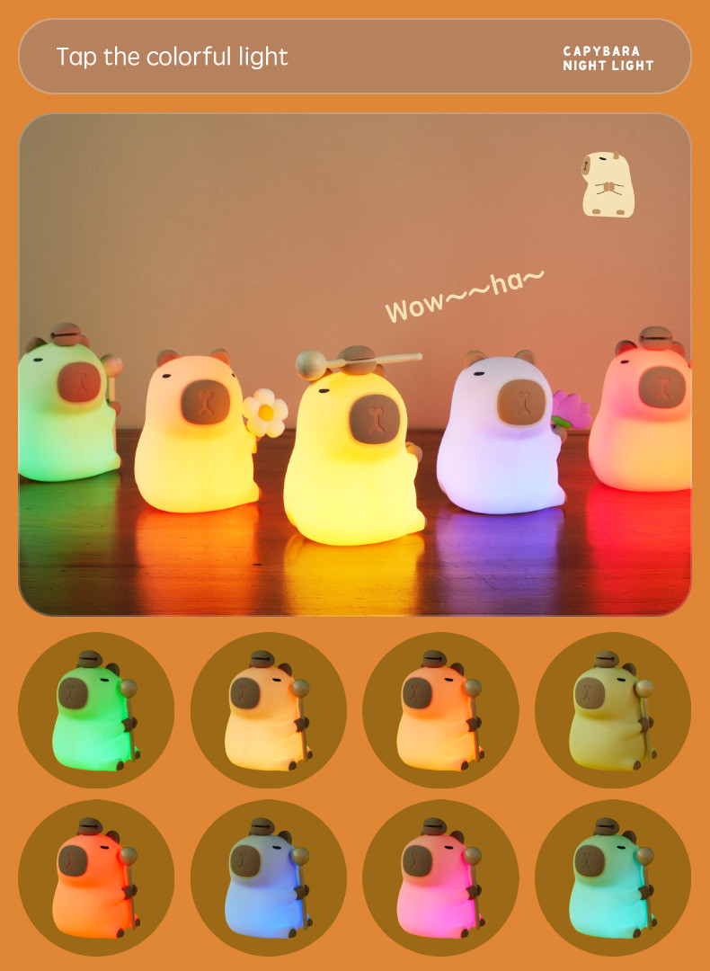 Funny Cartoon Capybara Night Light Tap Control 1200mAh Rechargeable Sleeping Night Light With 7 Changeable Color