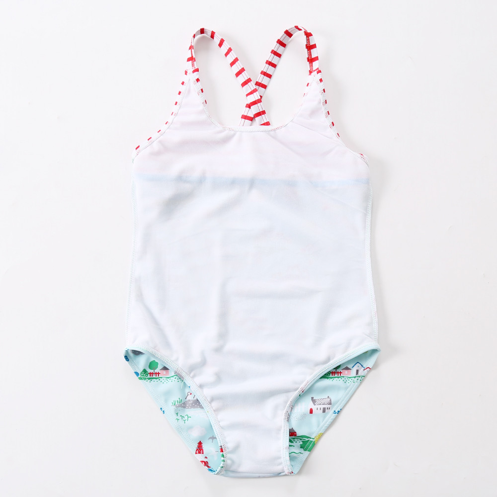Girl's strip print Criss Cross Seam Top for one piece swimwear