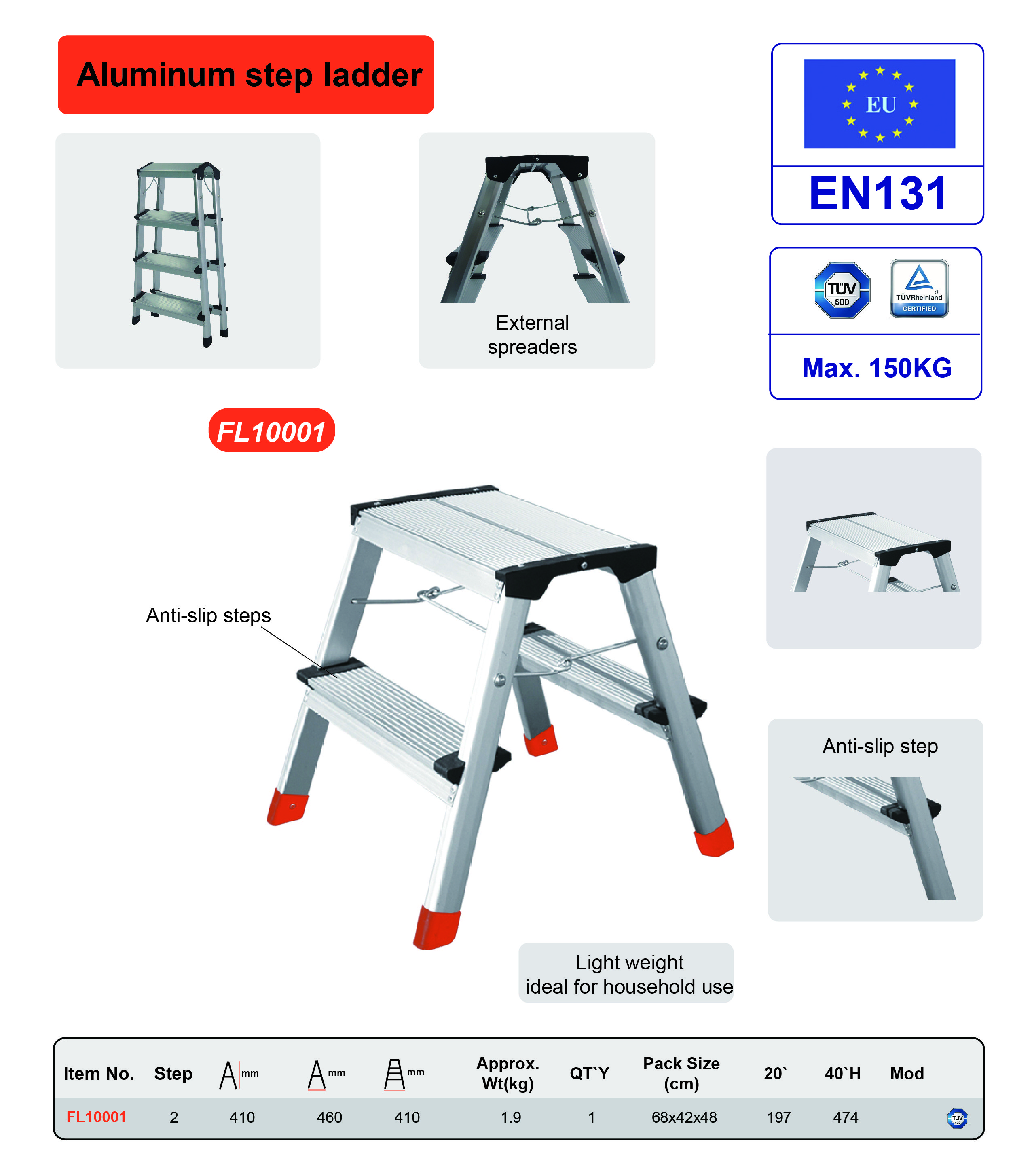 Domestic Aluminium Platform Ladder 2x2 Steps EN131 Certificated