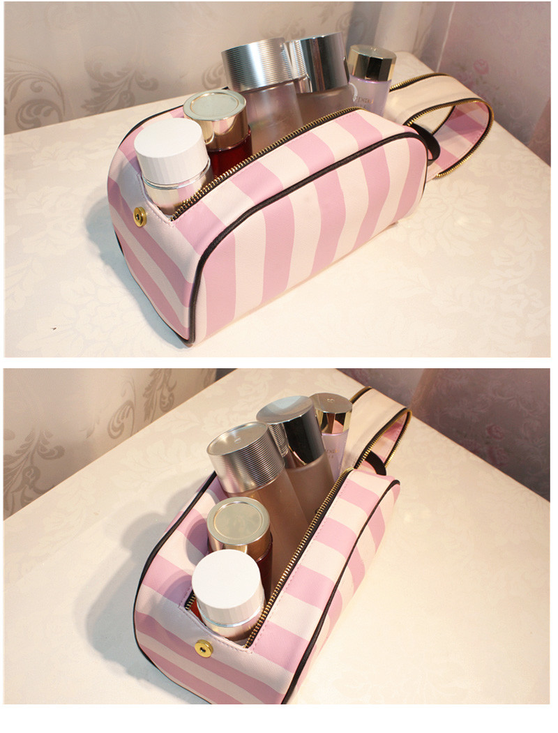 Customized Waterproof Organic Pink Strip Pattern PU Makeup Bag