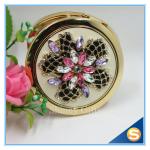 Shinny Gifts Luxury Rhinestone Flower Design Metal Compact Mirror Small Makeup