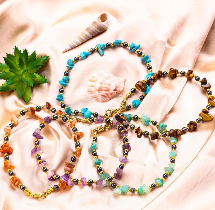 Hematite Stone Anklets Bracelets With Crystal Chip Gravel Stone Ankle Chain Jewelry