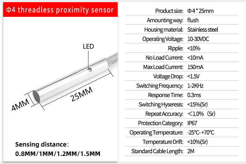Small Size Inductive Proximity Sensor M3 / M4 / M5 / M6 Stainless Steel Housing