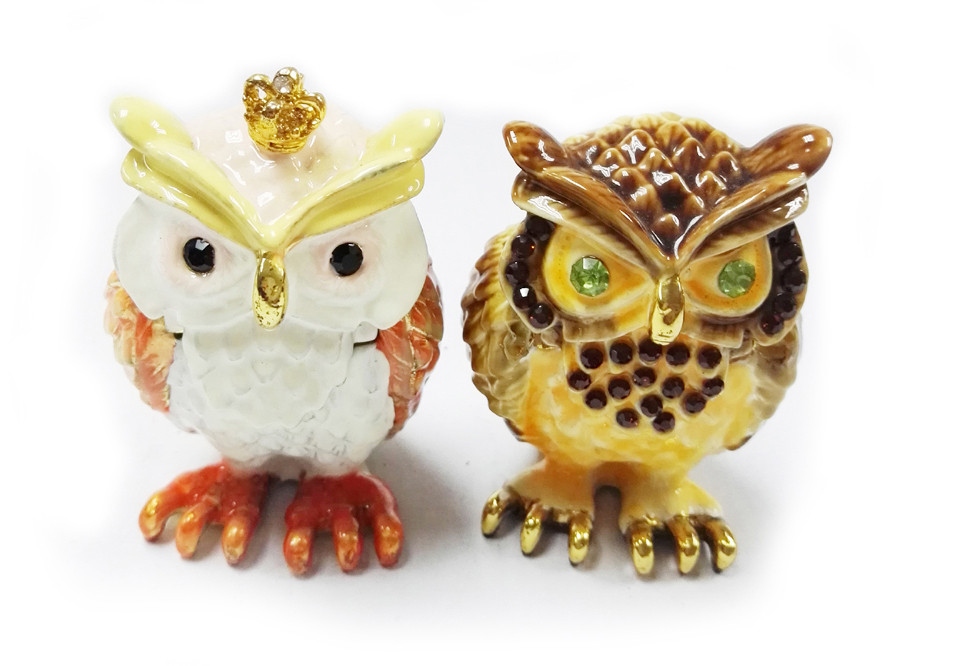Fashion Metal Alloy Owl Bird Trinket Jewelry Box Pewter Rhinstone Crystal Enamel Bird Trinket Jewelry Box