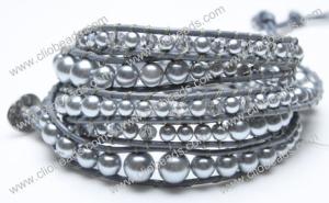Wholesale Leather Wrap Bracelet, Five Rows 34-37inches Shell Pearls Rounds, Glass Beads BR16826 from china suppliers