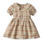 Plaid Lapel Bubble Short Sleeved Princess Dress Summer Children'S Clothing