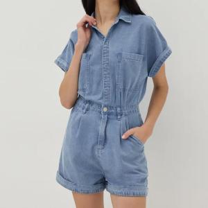 Wholesale Summer Women Short Sleeve Romper Fashion Casual Blank Button up Playsuit Denim Short Jumpsuit from china suppliers
