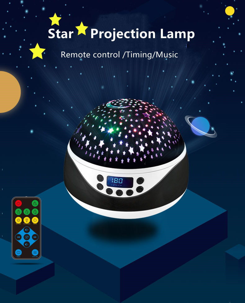 Built-in 12 Light Songs 360 Degree Rotating 8 Colorful Night Light Projector Remote Control and Timer Design Projection