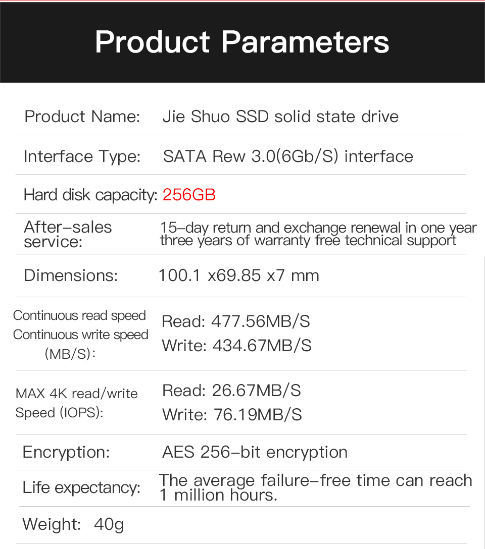 2.5 Inch SSD Solid State Drive 256GB 1.50GHz Processor Main Frequency
