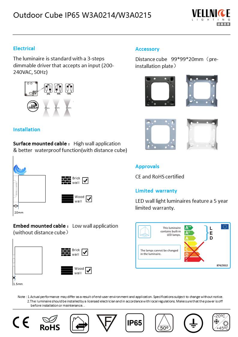 5 years warranty IP65 6W Outdoor Cube Decorative Up And Down LED Wall Light Dimmable Driver