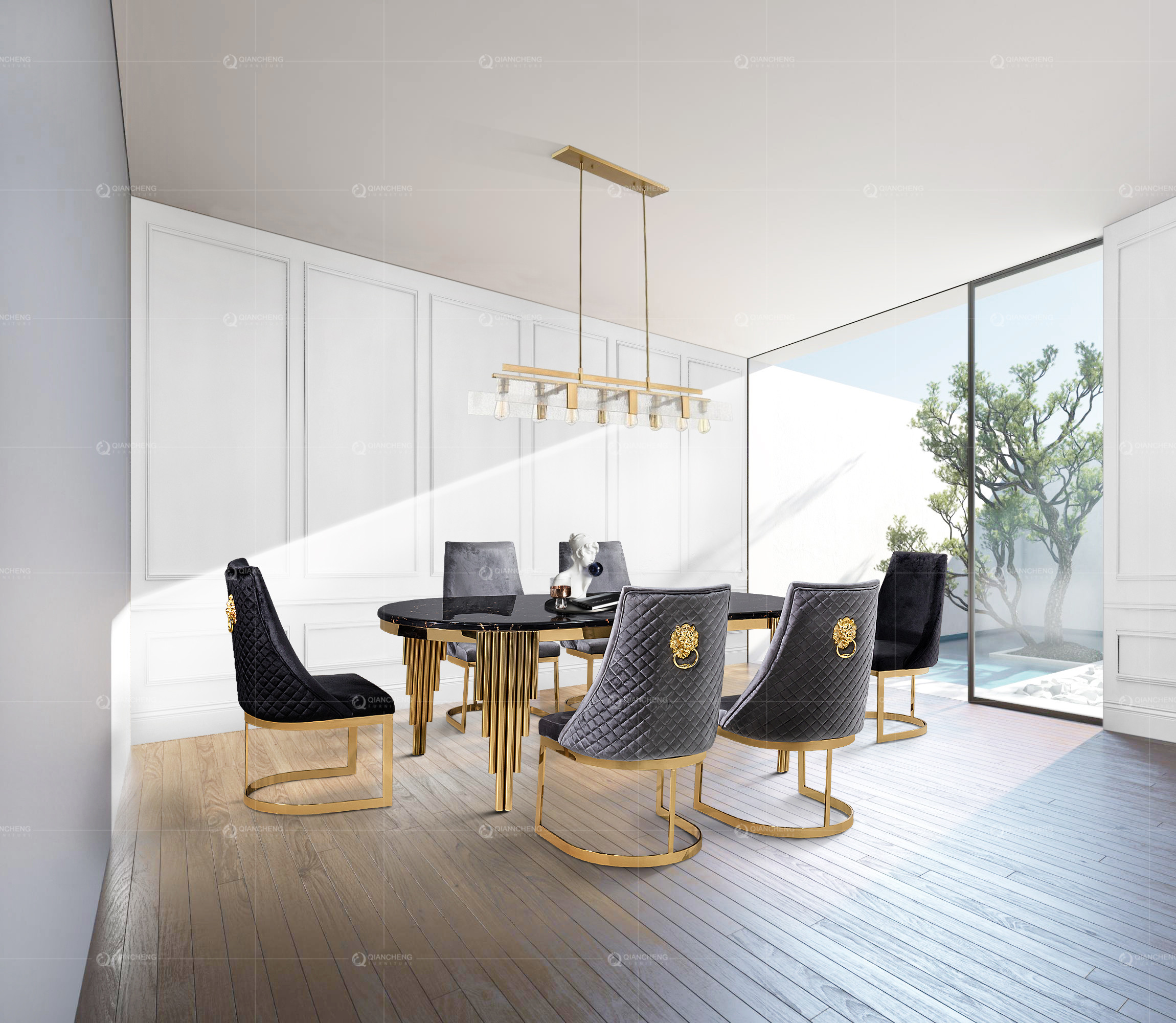 2.0 meter Oval Black Tempere Glass top SS Dining Tables Stainless steel Mirror Gold Leg For Wedding Furniture