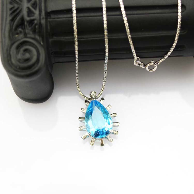 925 Sterling Silver 12mmx18mm Drop Shape Blue Topaz CZ Diamonds Pendant with Chain Necklace (PSJ0217)