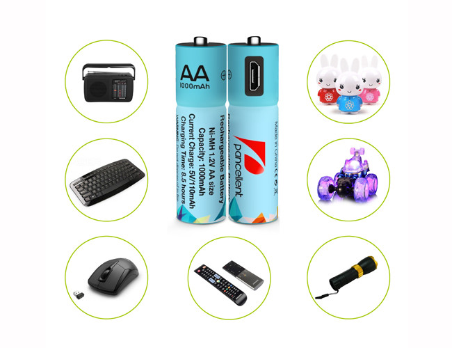 Micro USB Port Charging USB AA Battery 1000mAh 1.2V NiMh Material Customized Color