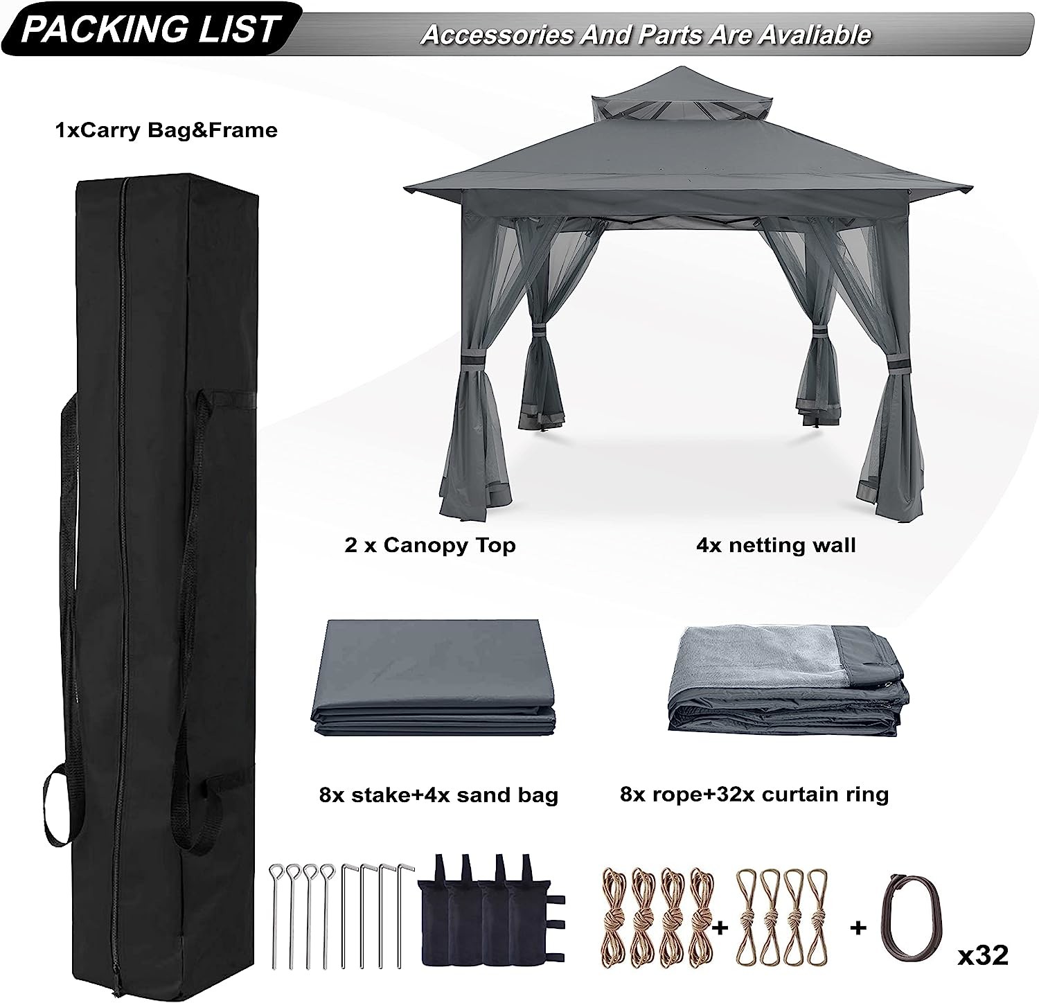 Pop Up Gazebo Mosquito Nettings, Outdoor Canopy Shelter Garden Lawn Backyard, Patio Cover Outdoor Gazebo Pergol