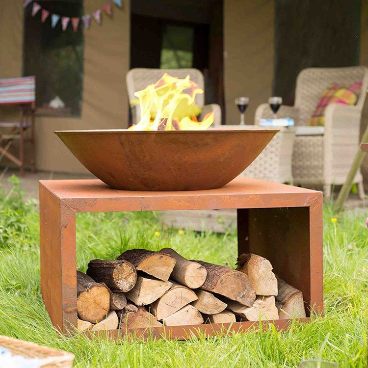 Outdoor Steel Fire Pit Large Corten Steel Brazier With Wood Storage Rack