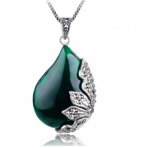 Wholesale Vintage Jewelry 925 Silver Green Agate Marcasite Drop Pendant Necklace 18 Inches (JA1674GREEN) from china suppliers