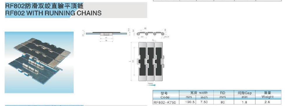 RF881TAB TABLE TOP CHAINS WITH RUBBER TOP SIDE FLEXING METAL CONVEYOR TOP CHAINS