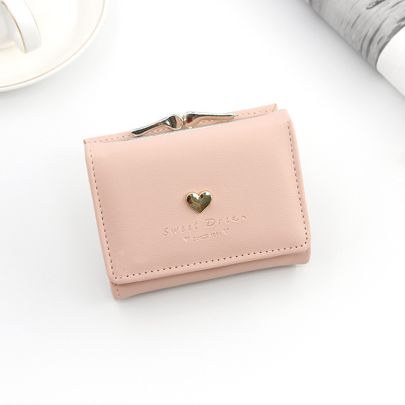 SHORT IRON CLIP BAG WOMEN'S HEART-SHAPED HARDWARE CLUTCH BAG SOLID COLOR SIMPLE COIN WALLET CARD BAG SHORT CLIP BAG