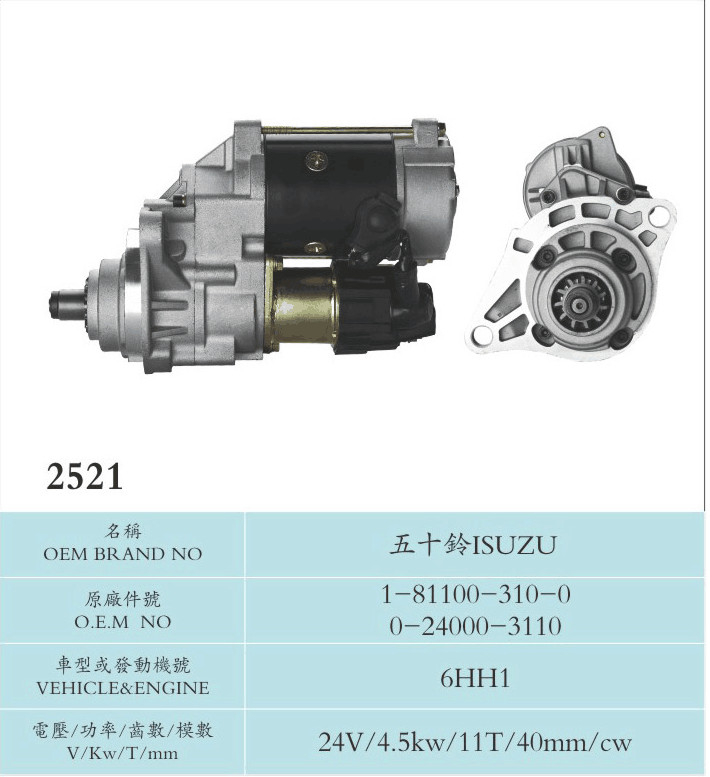 24v 4.5kw 11t Rough Terrain Crane Nikko Starter Motor Isuzu 1-81100-310-0 0-24000-3110 , Copper Mateiral 6HH1