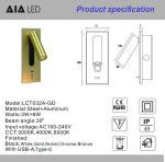 Adjustable recessed flexible LED headboard reading lamp USB aluminum hotel villa