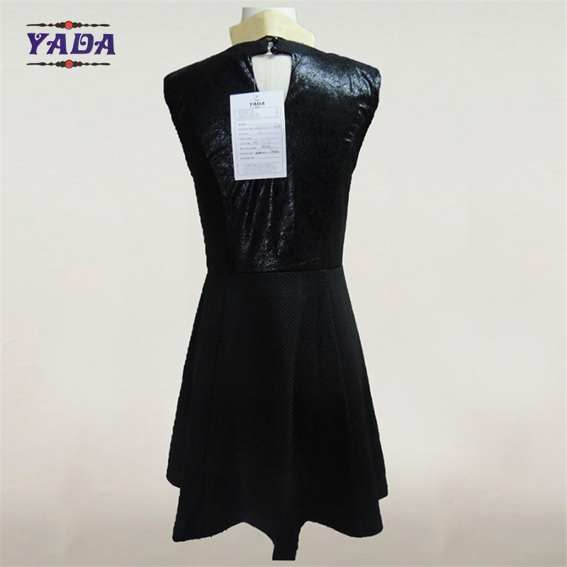 Fashion pu cocktail lady's summer sleeveless dress women office uniform dresses with rhinestone applique