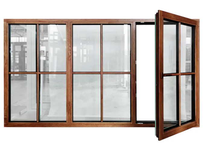 Horizontal Opening Wood Grain Aluminum Casement Windows Sound Insulation 35dB